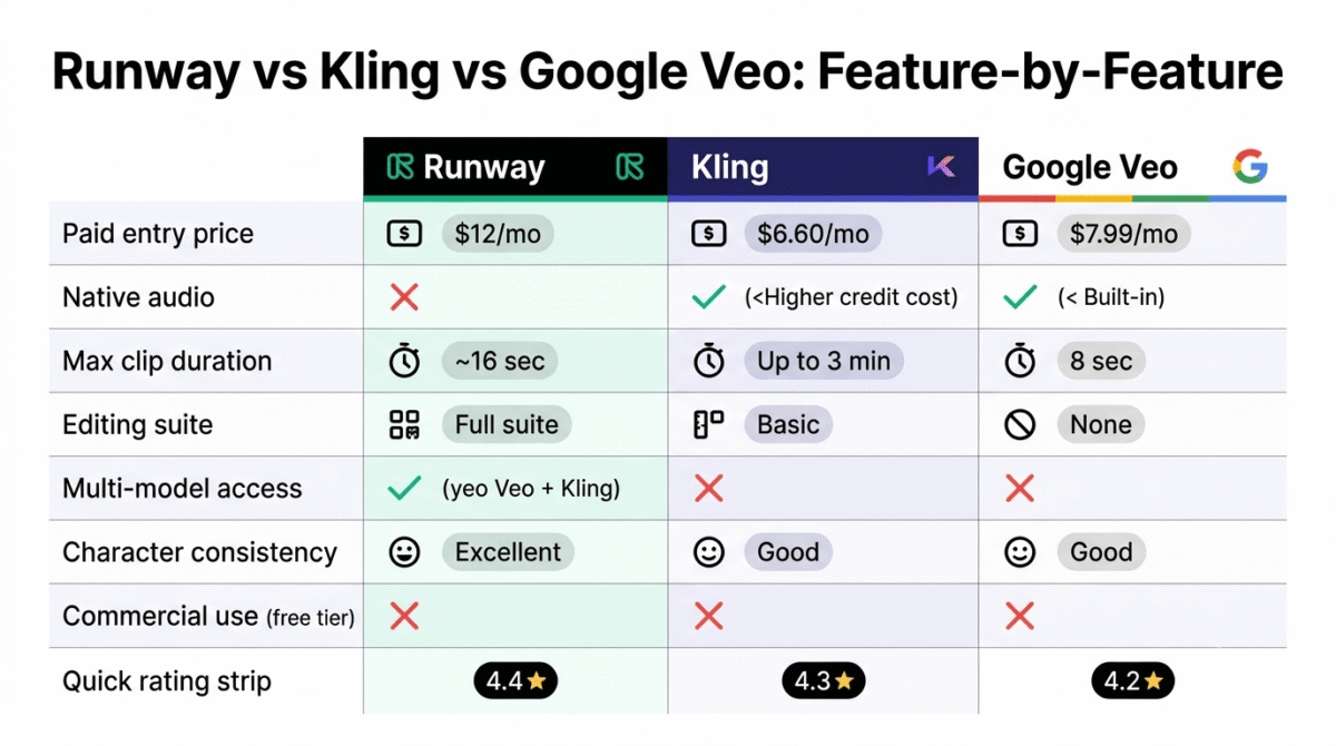 Feature comparison grid for Runway Gen-4.5, Kling 3.0, and Google Veo 3.1 showing paid entry price, native audio generation, maximum clip duration, editing suite depth, multi-model access, character consistency, and commercial use restrictions across all three AI video generators.
