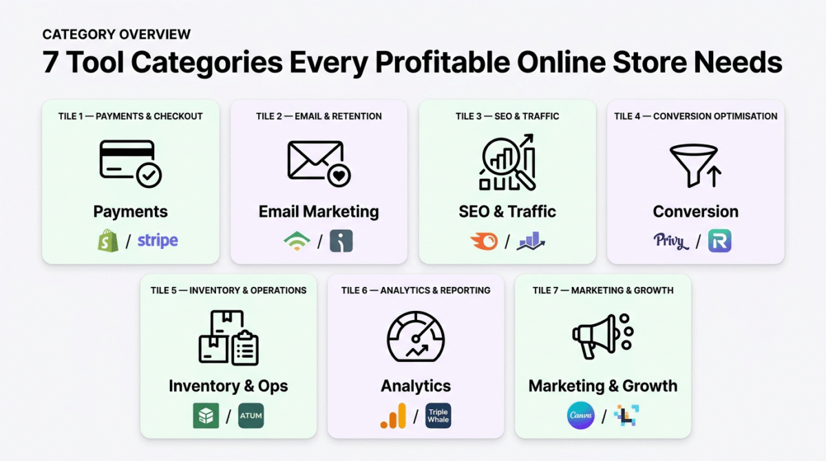 Shopify vs WooCommerce Apps and Plugins, Seven ecommerce tool categories displayed as icon tiles: payments and checkout, email marketing, SEO and traffic, conversion optimisation, inventory and operations, analytics and reporting, and marketing and growth, each showing a representative Shopify and WooCommerce tool.