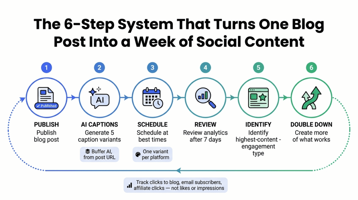 Six-step blog-to-social repurposing workflow showing publishing a blog post, generating five AI caption variants with Buffer from the post URL, scheduling one variant per platform at optimal times, reviewing analytics after 7 days, identifying the highest-engagement content type, and creating more of what works, looping back to the start.