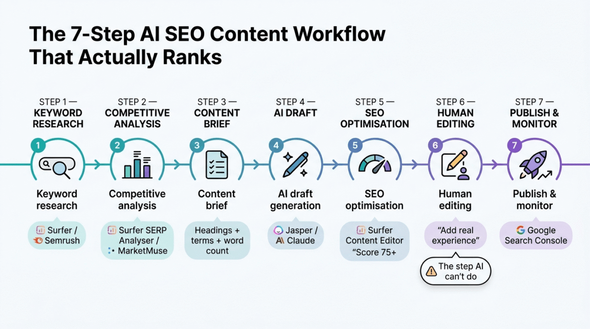 Jasper vs Surfer SEO vs MarketMuse, Seven-step AI SEO content workflow showing keyword research, competitive analysis, content brief creation, AI draft generation with Jasper or Claude, SEO optimisation with Surfer's Content Editor targeting a score of 75 or higher, human editing, and publishing with Google Search Console monitoring.