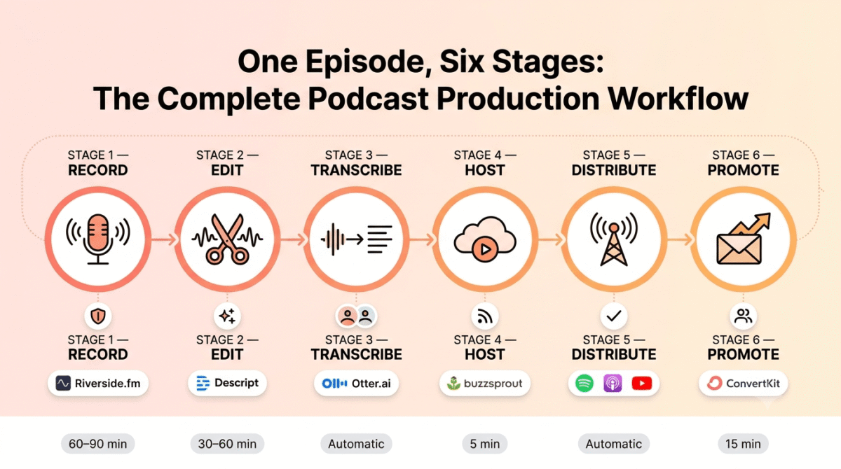 Best Tools for Podcasters in 2026, Six-stage podcast production workflow diagram showing Record with Riverside.fm, Edit with Descript, Transcribe with Otter.ai, Host with Buzzsprout, Distribute to Spotify, Apple Podcasts, and YouTube, and Promote with ConvertKit, connected along a single horizontal pathway with time estimates for each stage.