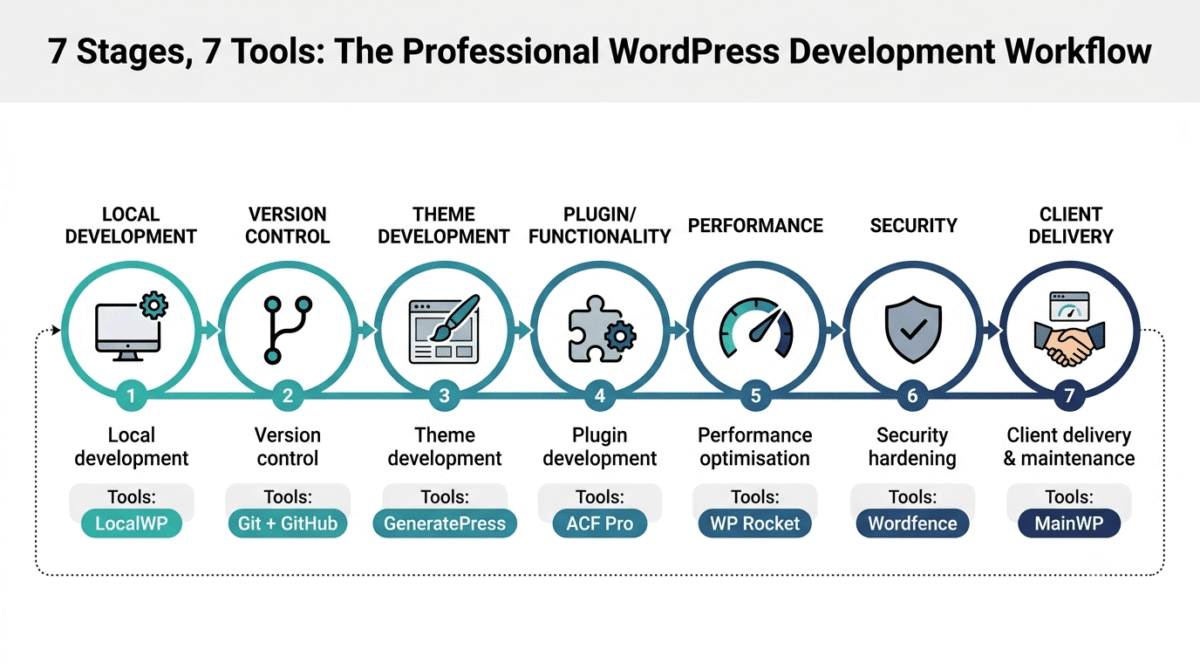 Best Tools for WordPress Developers, Seven-stage WordPress developer workflow diagram showing local development with LocalWP, version control with Git and GitHub, theme development with GeneratePress, plugin development with ACF Pro, performance optimisation with WP Rocket, security hardening with Wordfence, and client delivery and maintenance with MainWP, connected along a single pathway.