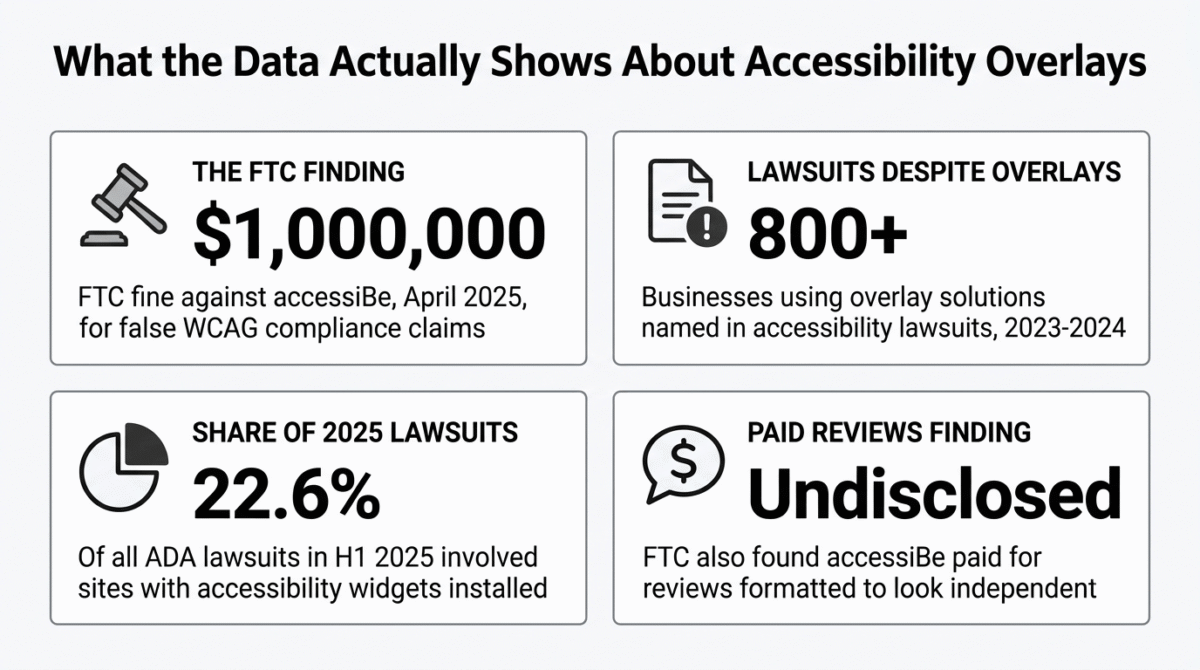 accessiBe vs UserWay vs AudioEye, Four data cards showing the FTC's $1 million fine against accessiBe for false WCAG compliance claims in April 2025, over 800 businesses using overlay solutions named in accessibility lawsuits during 2023 and 2024, 22.6 percent of all ADA lawsuits in the first half of 2025 involving sites with accessibility widgets installed, and the FTC's finding that accessiBe paid for undisclosed reviews formatted to look independent.