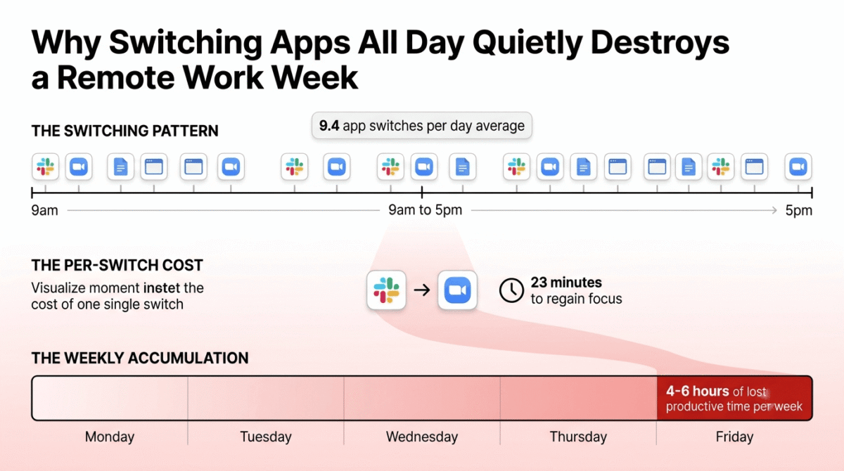 Best Tools for Remote Work, Statistic graphic showing remote workers switch between applications 9.4 times per day on average, each switch costing 23 minutes to regain focus, accumulating to 4 to 6 hours of lost productive time per week across a typical remote work schedule.