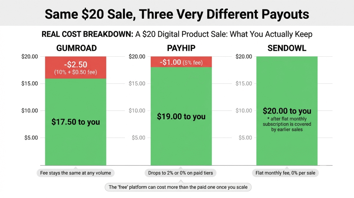 Gumroad vs Payhip vs SendOwl, Real cost breakdown of a $20 digital product sale showing Gumroad's 10% plus 50 cent fee leaving $17.50, Payhip's 5% fee leaving $19.00, and SendOwl's flat monthly subscription model with 0% transaction fee leaving the full $20.00 per sale once the subscription is covered.