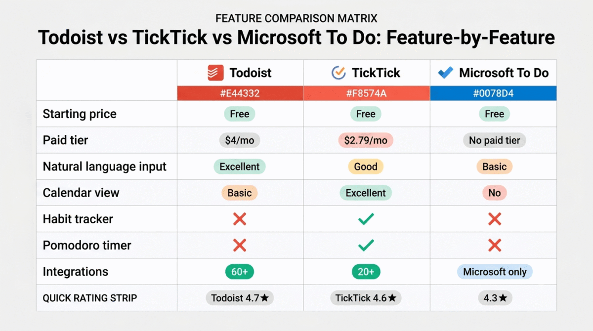 Feature comparison grid for Todoist, TickTick, and Microsoft To Do showing pricing, natural language input quality, calendar view quality, habit tracker and Pomodoro timer availability, and integration count across all three task management apps.
