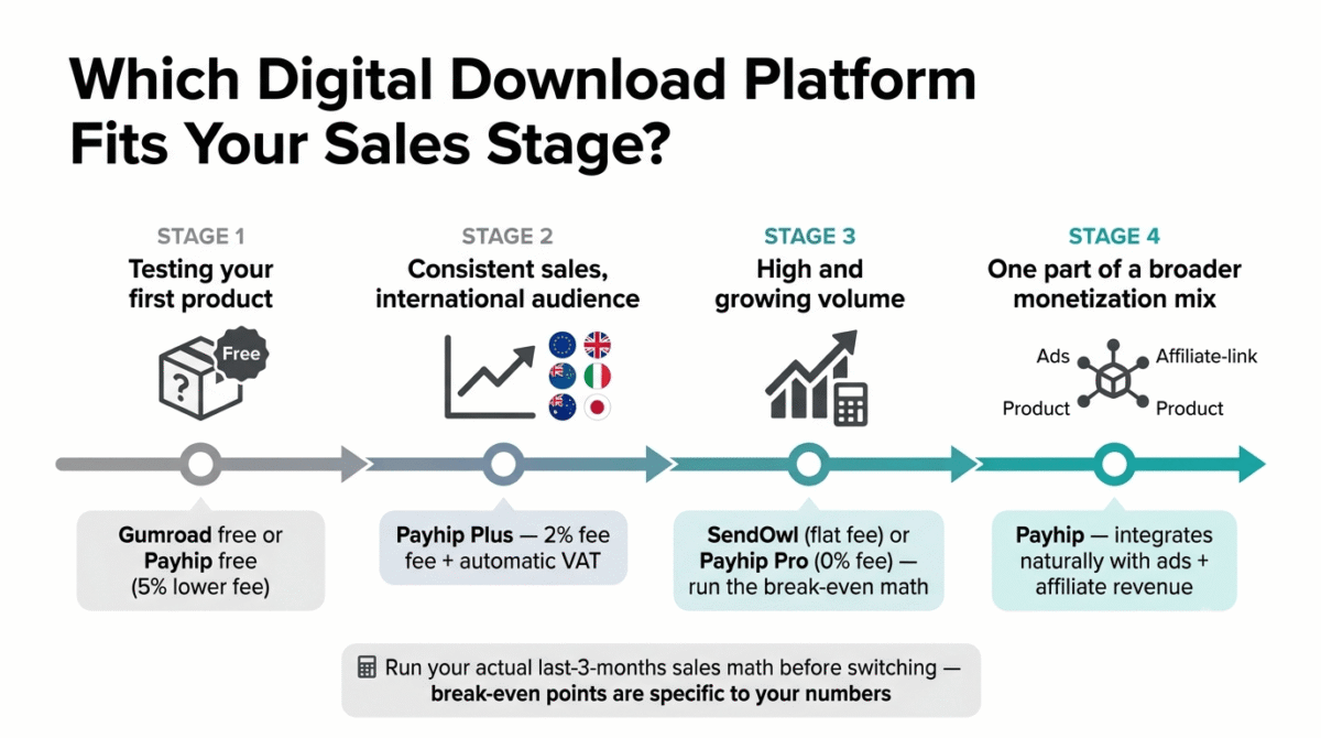 Four-stage digital download platform recommendation path showing testing your first product with Gumroad or Payhip free, consistent international sales with Payhip Plus for automatic VAT handling, high growing volume with SendOwl's flat fee or Payhip Pro's 0% fee, and broader monetization strategy with Payhip integrating alongside ads and affiliate revenue.