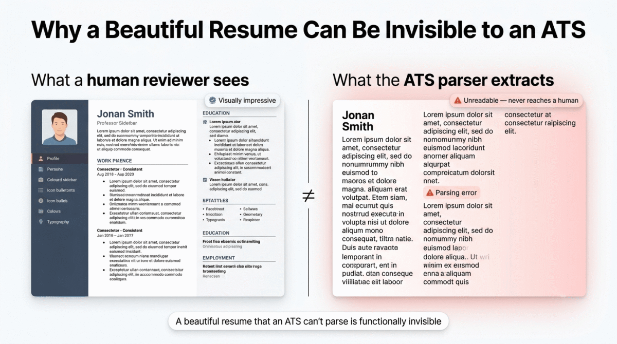 Zety vs Rezi vs Teal, Comparison showing a visually polished multi-column resume as a human reviewer sees it on the left, versus the same resume rendered as jumbled, out-of-order plain text with parsing errors as an applicant tracking system actually reads it on the right.