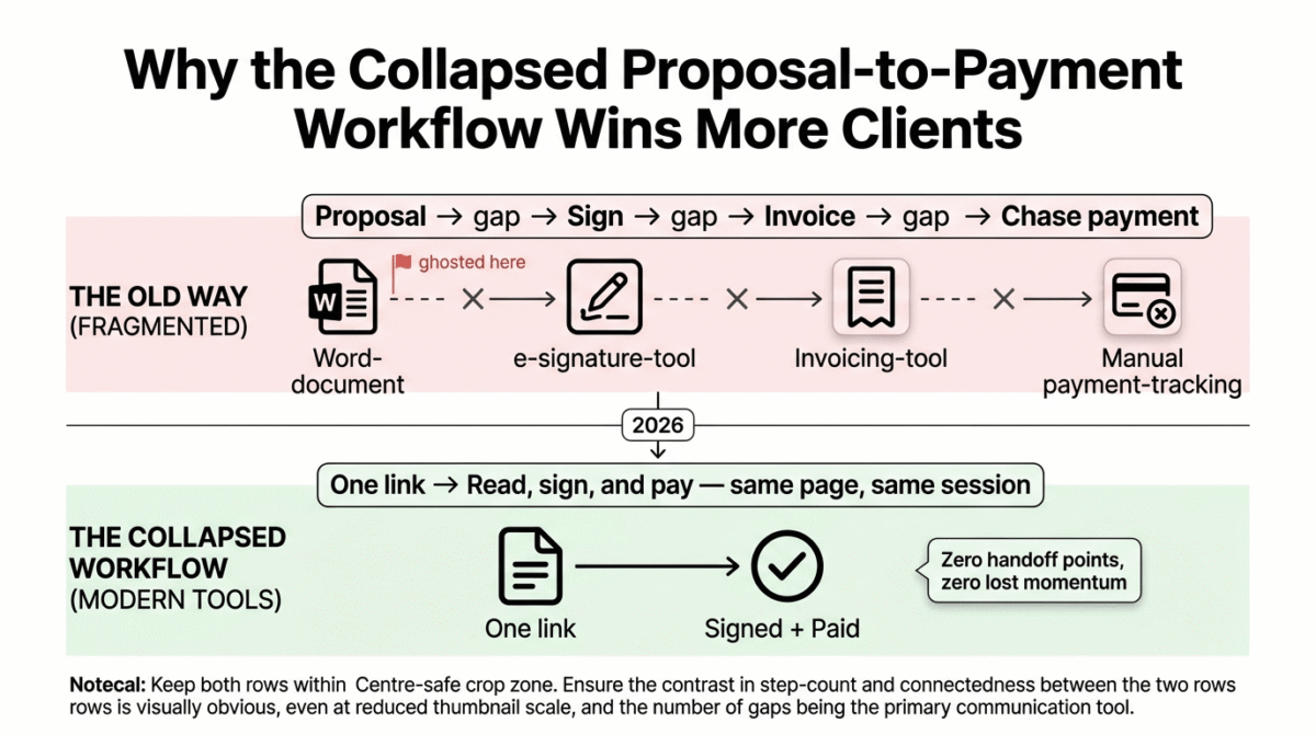 Bonsai vs HoneyBook vs PandaDoc, Workflow comparison showing the old fragmented process of a Word document, separate e-signature tool, separate invoicing tool, and manual payment chasing with drop-off gaps at each step, versus the modern collapsed workflow where one link lets a client read, sign, and pay on the same page in one session.