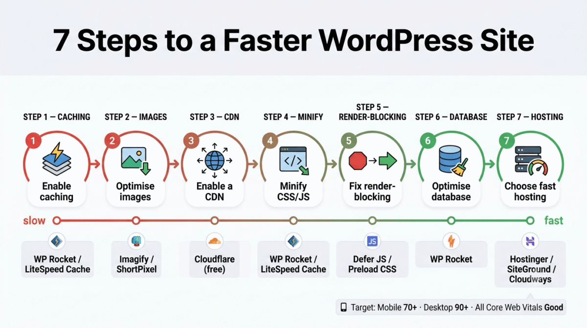 Seven-step WordPress speed optimisation checklist showing enable caching with WP Rocket, optimise images with Imagify, enable Cloudflare CDN, minify CSS and JavaScript, fix render-blocking resources, optimise the database, and choose fast hosting, connected along a red-to-green progress pathway.
