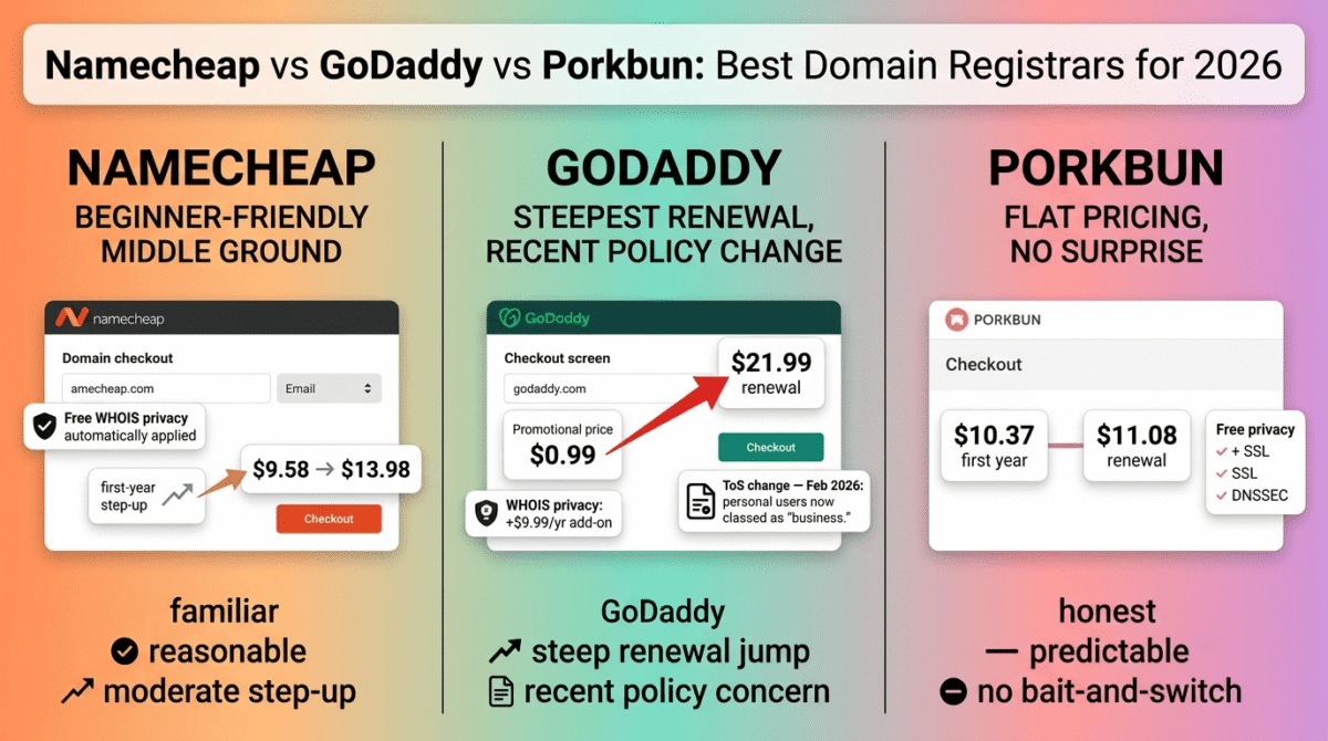 Namecheap, GoDaddy, and Porkbun compared side by side as domain registrars, showing Namecheap's moderate price step-up from $9.58 to $13.98 with free WHOIS privacy, GoDaddy's steep jump from a promotional price to $21.99 renewal alongside a February 2026 Terms of Service change, and Porkbun's nearly flat pricing from $10.37 to $11.08 with free privacy, SSL, and DNSSEC included.