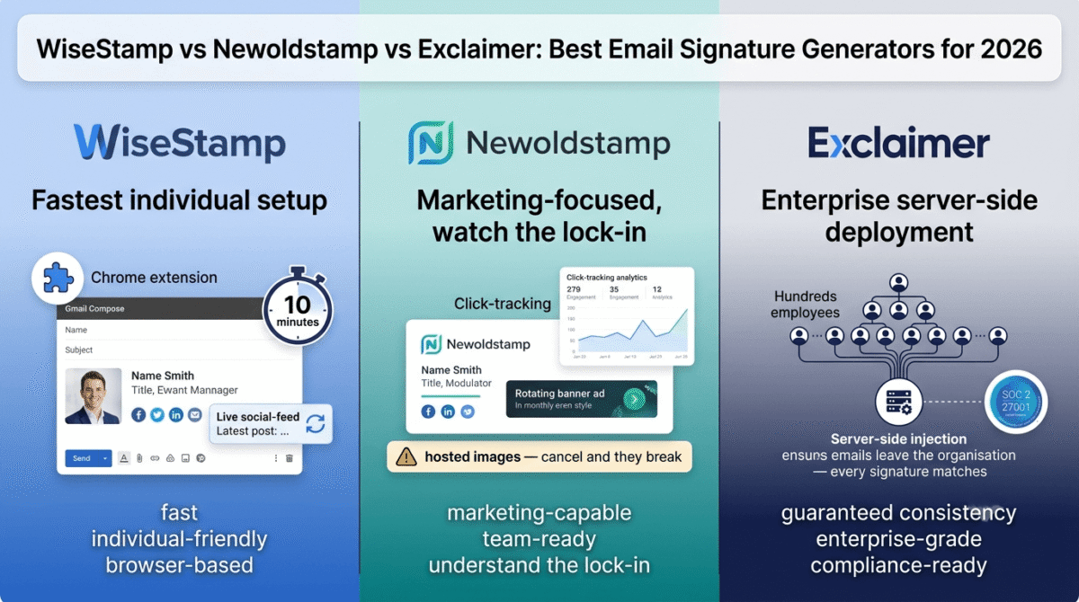 WiseStamp, Newoldstamp, and Exclaimer compared side by side as email signature generators, showing WiseStamp's fast Chrome-extension setup with a live social feed, Newoldstamp's rotating banner campaigns with a hosted-image lock-in warning, and Exclaimer's server-side signature injection across an entire enterprise organisation with compliance certifications.