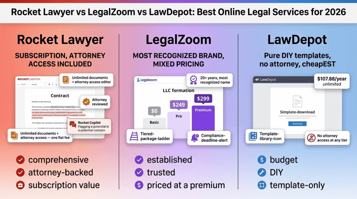 Rocket Lawyer, LegalZoom, and LawDepot compared side by side as online legal services, showing Rocket Lawyer's subscription with unlimited documents and included attorney access, LegalZoom's tiered LLC formation packages backed by 20-plus years of brand recognition, and LawDepot's budget DIY template library with no attorney access at any tier.