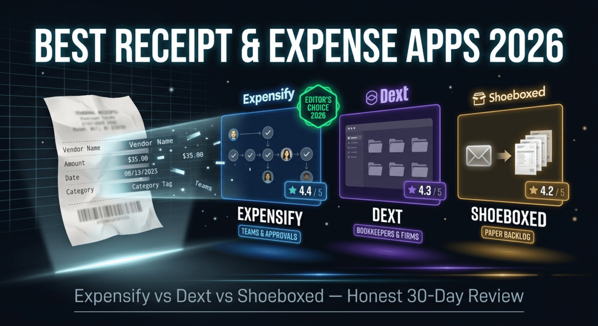 Cinematic featured image showing a crumpled paper receipt transforming into glowing digital data via a scanner beam, flowing into three holographic app panels — Expensify in blue for teams and approvals, Dext in purple for bookkeepers and firms, and Shoeboxed in gold for paper receipt backlogs — representing the best receipt and expense tracking apps of 2026.