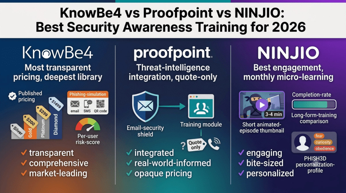 KnowBe4, Proofpoint, and NINJIO compared side by side as security awareness training platforms, showing KnowBe4's transparent tiered pricing with multi-vector phishing simulation, Proofpoint's real-world threat intelligence feeding training content behind quote-only pricing, and NINJIO's short animated episodes with a PHISH3D personalized susceptibility profile.