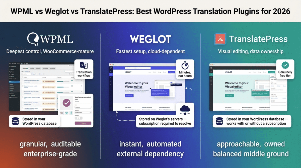 WPML, Weglot, and TranslatePress compared side by side as WordPress translation plugins, showing WPML's backend workflow dashboard with database storage and mature WooCommerce support, Weglot's fast front-end visual editor dependent on external cloud servers, and TranslatePress's front-end visual editor with data stored in the WordPress database.