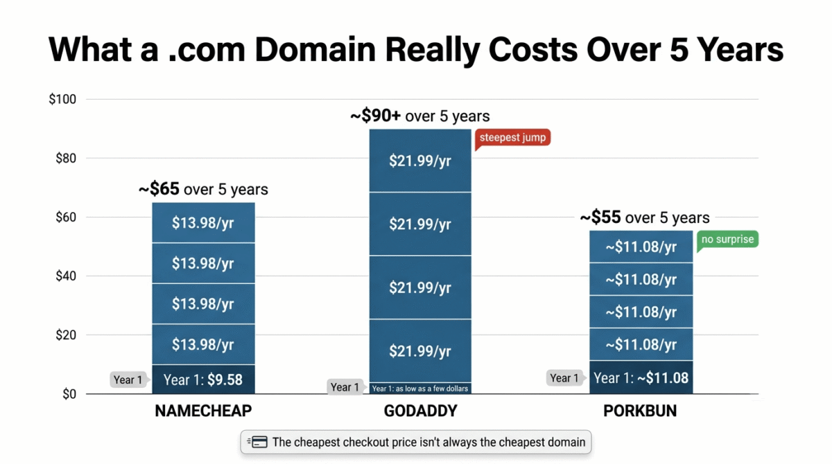 Namecheap vs GoDaddy vs Porkbun, Five-year total cost comparison for a .com domain showing Namecheap reaching approximately $65, GoDaddy reaching approximately $90 or more due to its steep renewal jump to $21.99 per year, and Porkbun reaching approximately $55, the lowest of the three, due to its near-flat registration-to-renewal pricing.