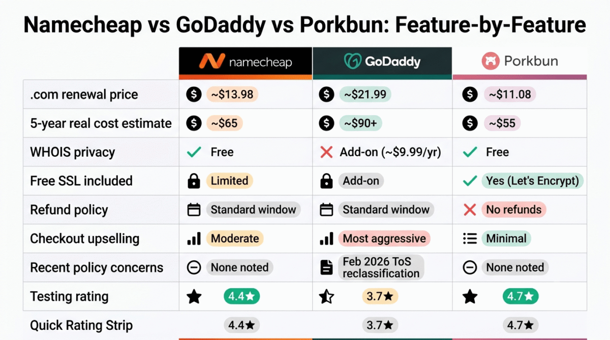 Feature comparison grid for Namecheap, GoDaddy, and Porkbun showing .com renewal price, 5-year real cost estimate, WHOIS privacy, free SSL, refund policy, checkout upselling level, recent policy concerns, and testing rating across all three domain registrars.