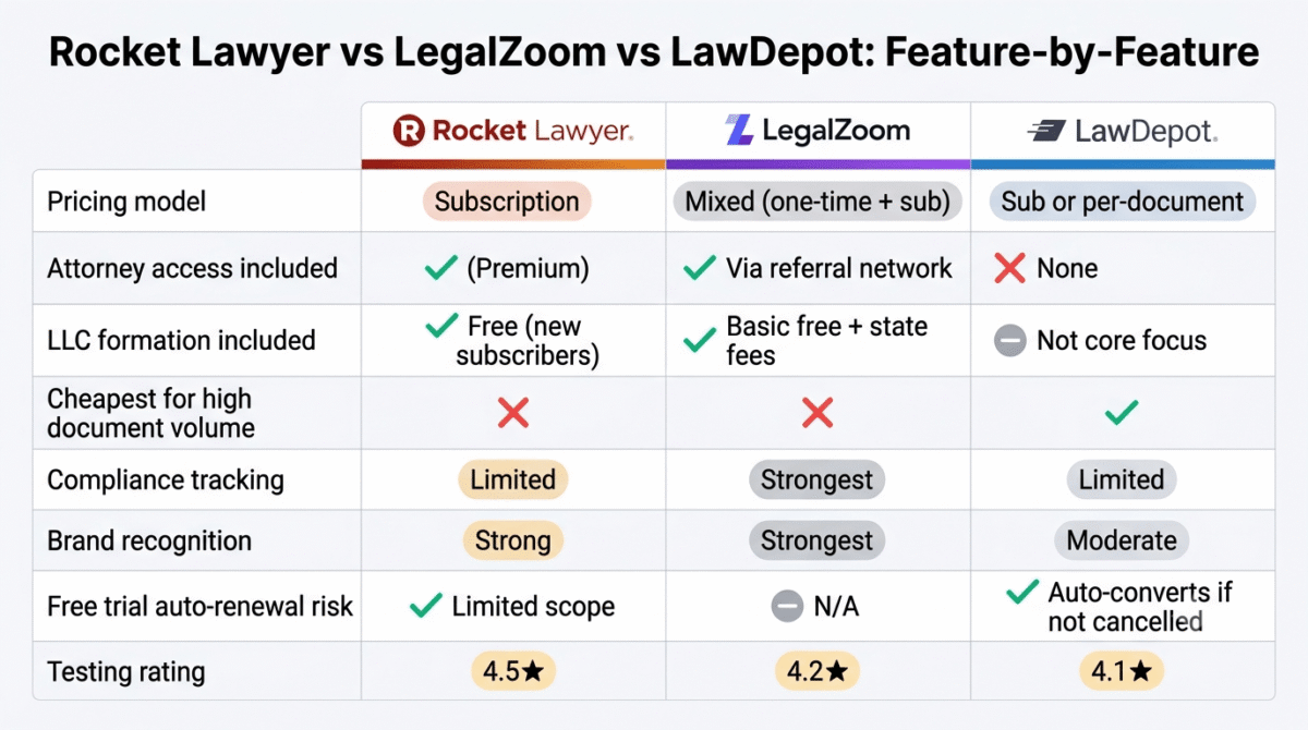 Feature comparison grid for Rocket Lawyer, LegalZoom, and LawDepot showing pricing model, attorney access, LLC formation inclusion, cheapest for high document volume, compliance tracking, brand recognition, free trial auto-renewal risk, and testing rating across all three online legal service platforms.