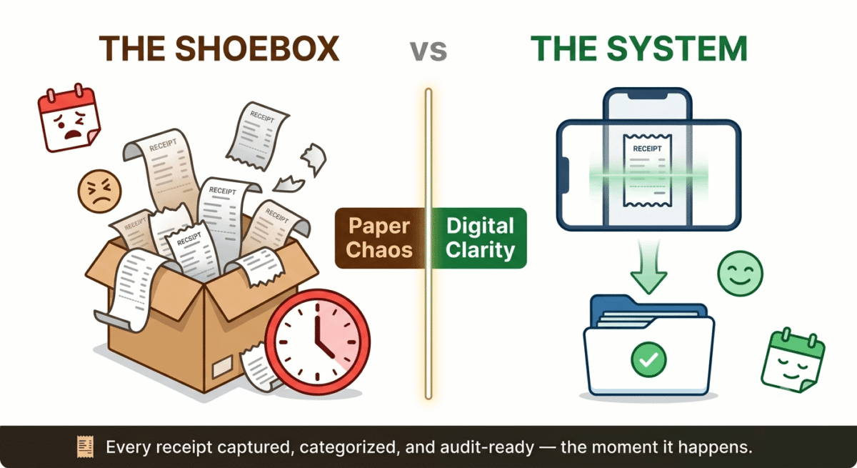 Expensify vs Dext vs Shoeboxed, Split infographic comparing an overflowing shoebox of crumpled paper receipts on the left, representing tax season panic, versus a smartphone scanning a single receipt into a clean organized digital folder on the right, representing an automated expense tracking system.