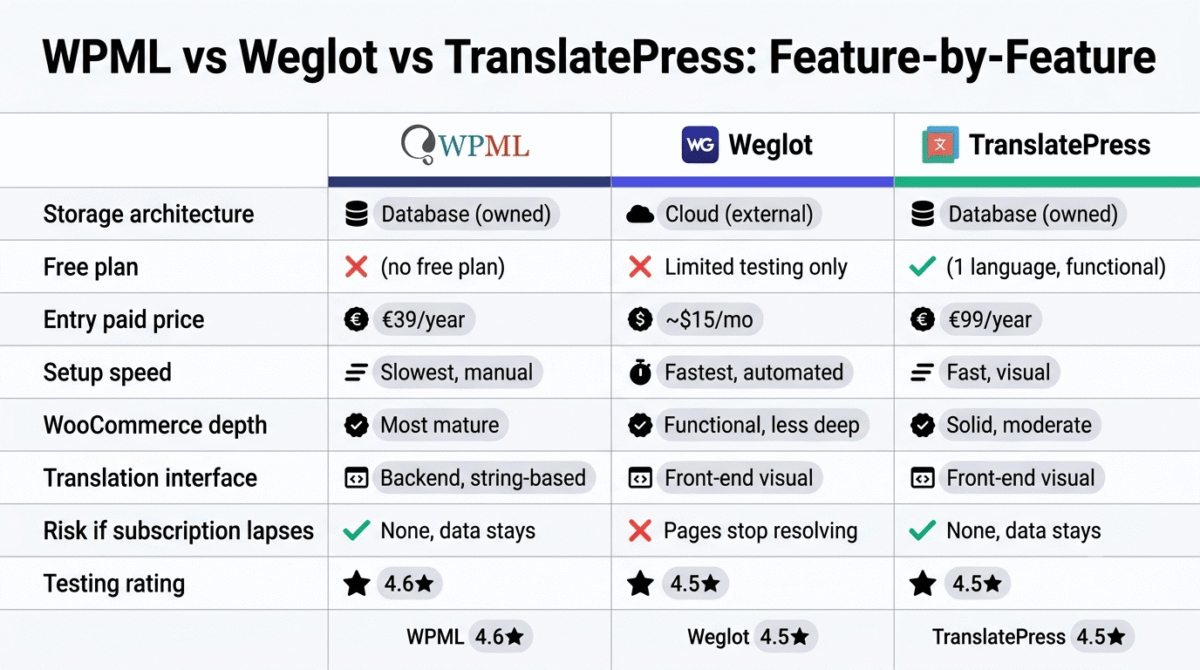 Feature comparison grid for WPML, Weglot, and TranslatePress showing storage architecture, free plan availability, entry paid price, setup speed, WooCommerce translation depth, translation interface type, risk if a subscription lapses, and testing rating across all three WordPress translation plugins.