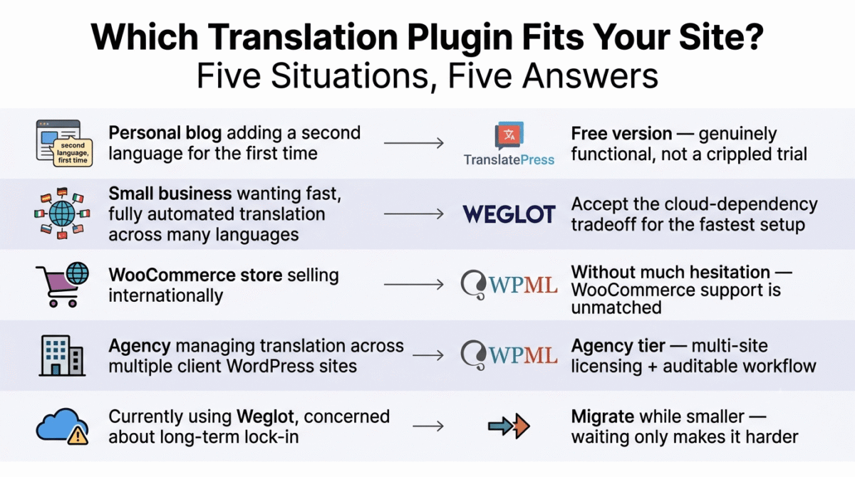 Decision guide matching five WordPress site situations to their recommended translation plugin: personal blogs adding a second language for the first time to TranslatePress's free version, small businesses wanting fast automated translation to Weglot, WooCommerce stores selling internationally to WPML, agencies managing multiple client sites to WPML's Agency tier, and current Weglot users concerned about lock-in to migrating while the site is still small.