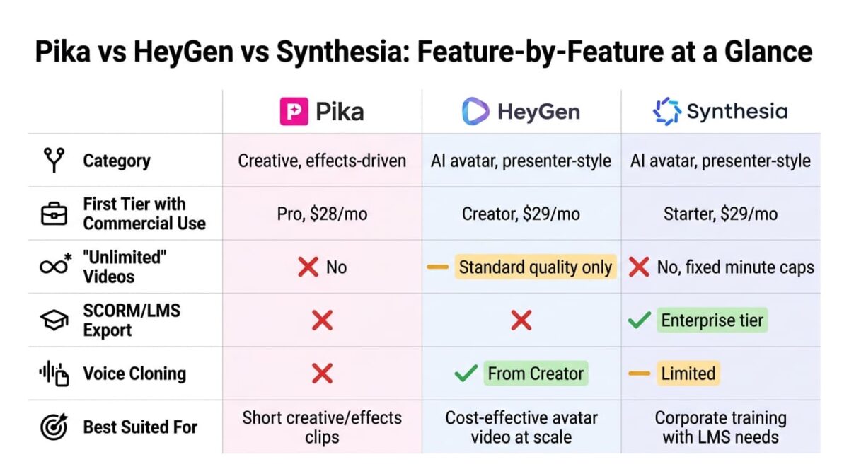 Feature comparison grid for Pika, HeyGen, and Synthesia showing category, first tier with commercial use, unlimited video availability, SCORM and LMS export, voice cloning, and best-fit use case, with Synthesia the only tool offering LMS export and HeyGen the strongest on voice cloning and unlimited standard video.