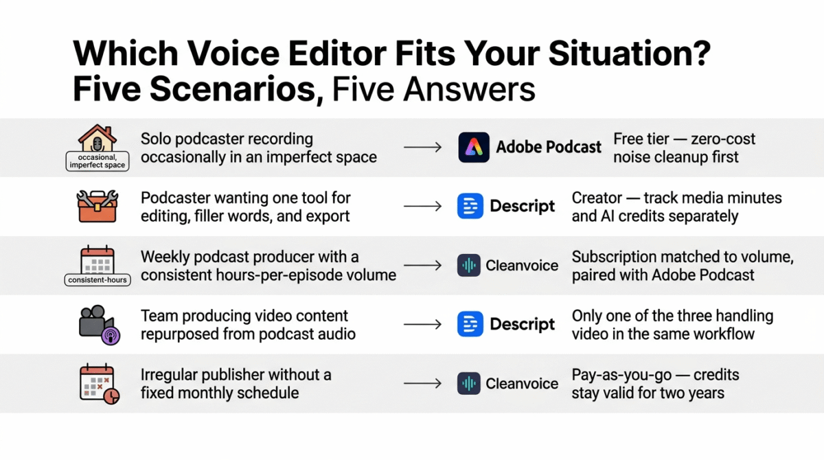 Decision guide matching five podcast production situations to their recommended voice editor: occasional home recordings to Adobe Podcast's free tier, wanting one all-in-one tool to Descript Creator, weekly consistent-volume shows to Cleanvoice paired with Adobe Podcast, video-repurposing teams to Descript, and irregular publishers to Cleanvoice's two-year pay-as-you-go credits.