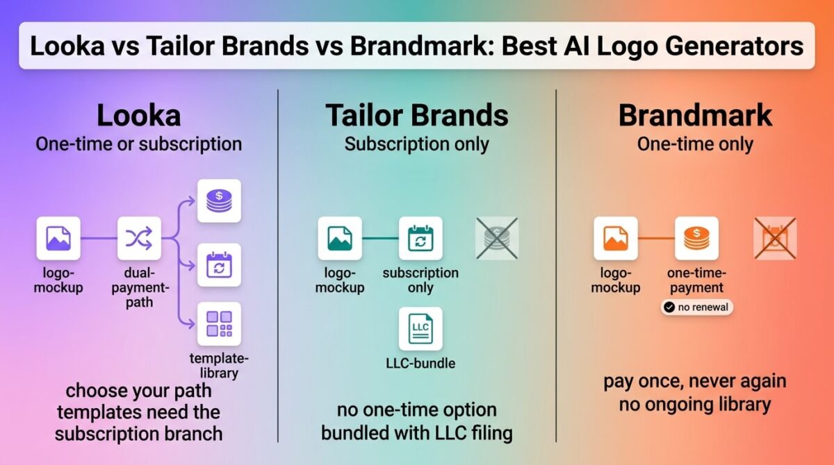 Looka, Tailor Brands, and Brandmark compared side by side as AI logo generators, showing Looka's choice between a one-time logo purchase or an ongoing template subscription, Tailor Brands' subscription-only pricing bundled with LLC formation, and Brandmark's pure one-time payment model with no recurring charge at any tier.