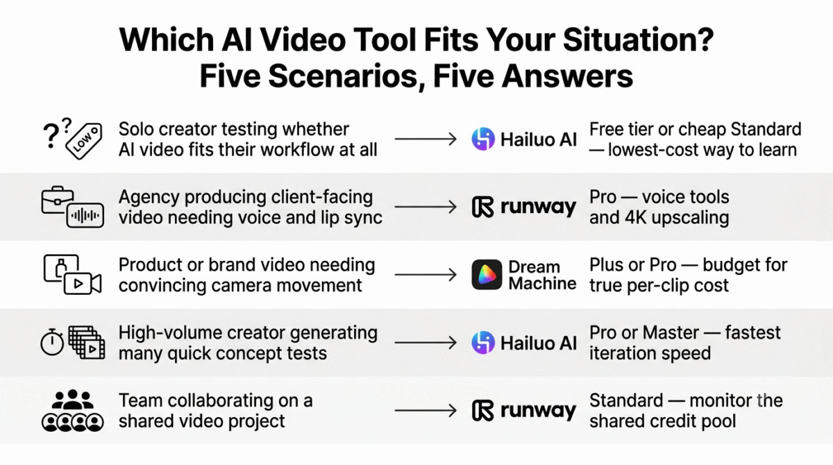 Decision guide matching five AI video generation situations to their recommended tool: solo creators testing the workflow to Hailuo AI's free or Standard tier, agencies needing voice and lip sync to Runway Pro, product or brand video needing camera movement to Luma Dream Machine, high-volume concept testing to Hailuo AI Pro or Master, and shared team projects to Runway Standard.