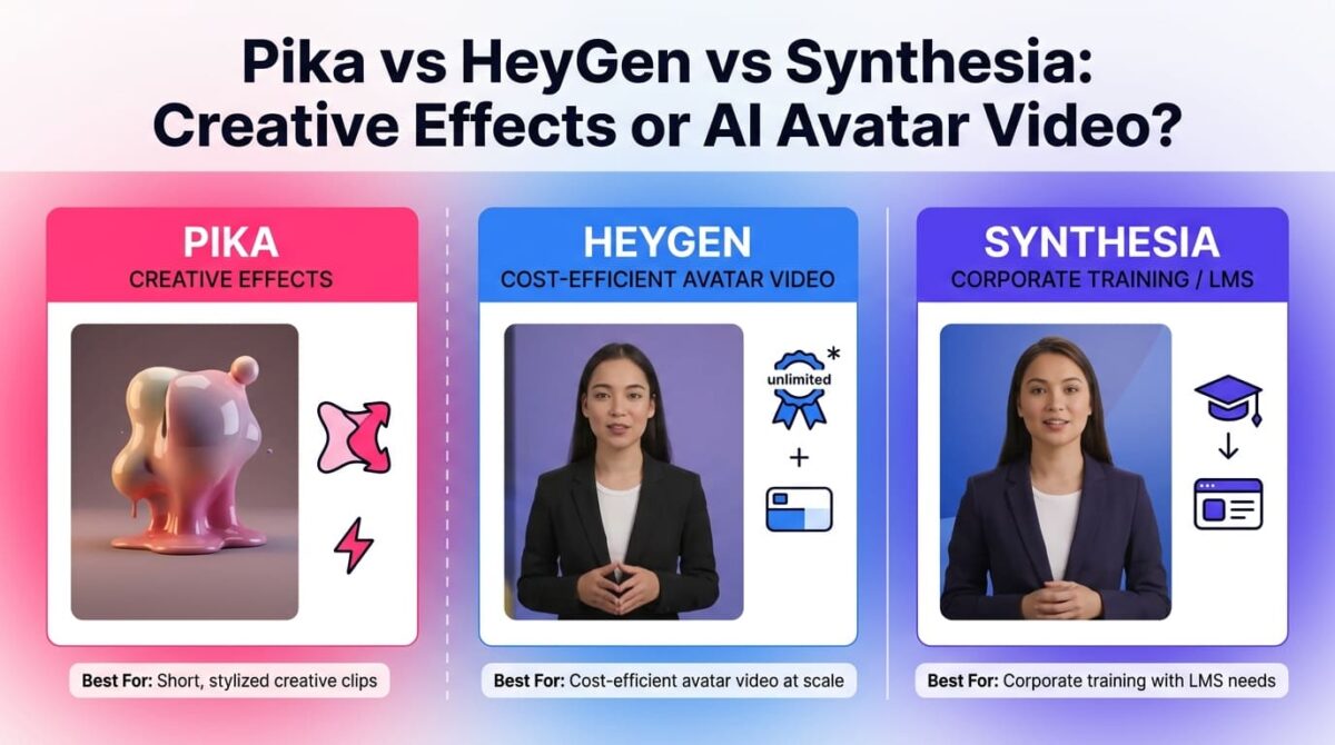Pika, HeyGen, and Synthesia compared side by side as AI video generators, showing Pika's stylized morphing creative clip set apart on the left, HeyGen's talking avatar video with an asterisked unlimited badge and credit meter in the middle, and Synthesia's talking avatar video paired with a SCORM and LMS export icon on the right.