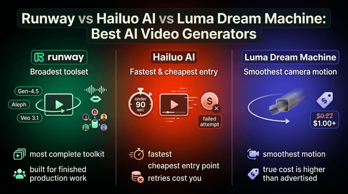 Runway, Hailuo AI, and Luma Dream Machine compared side by side as AI video generators, showing Runway's multi-model library with Gen-4.5, Aleph, and Veo 3.1 access, Hailuo AI's sub-90-second generation speed with credits charged even on failed attempts, and Luma Dream Machine's smooth camera motion with a true cost per usable clip well above the advertised per-generation price.