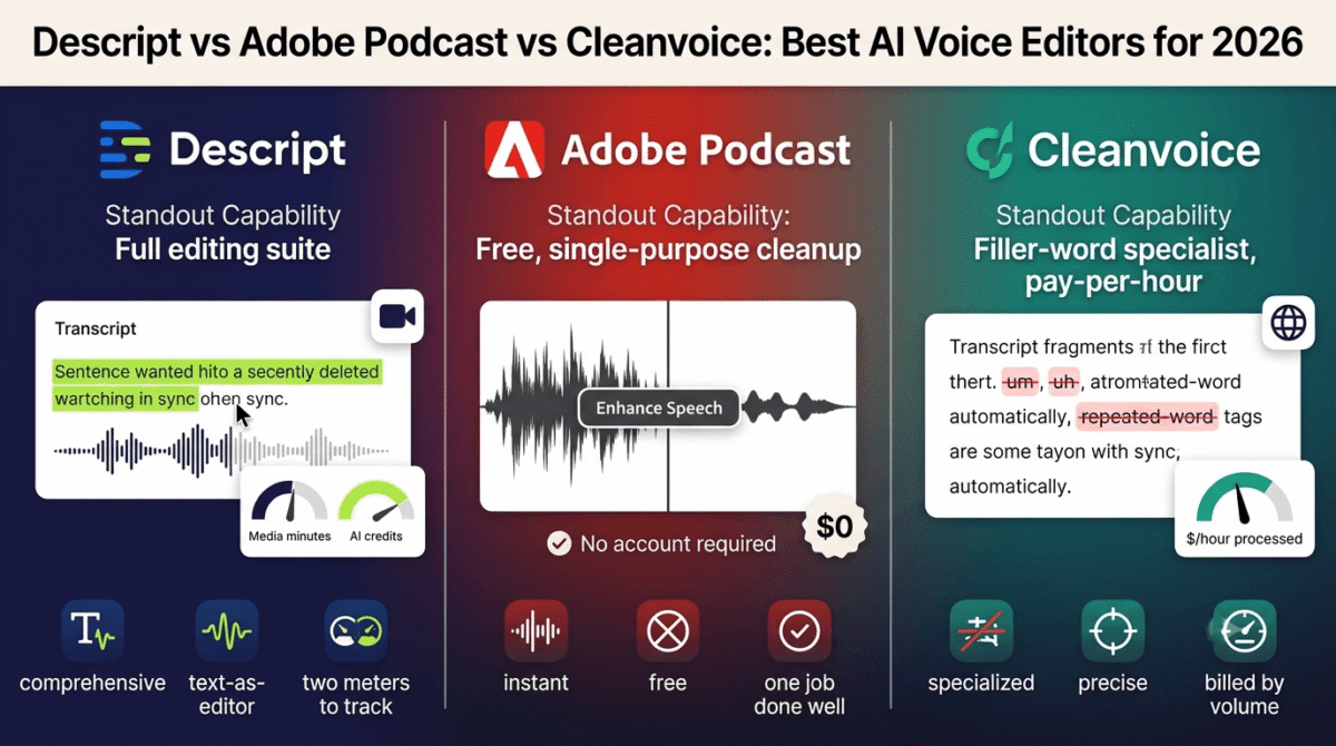 Descript, Adobe Podcast, and Cleanvoice compared side by side as AI voice editors, showing Descript's text-based editing with separate media-minute and AI-credit meters, Adobe Podcast's free one-click Enhance Speech noise cleanup, and Cleanvoice's automatic filler-word removal billed per hour processed.