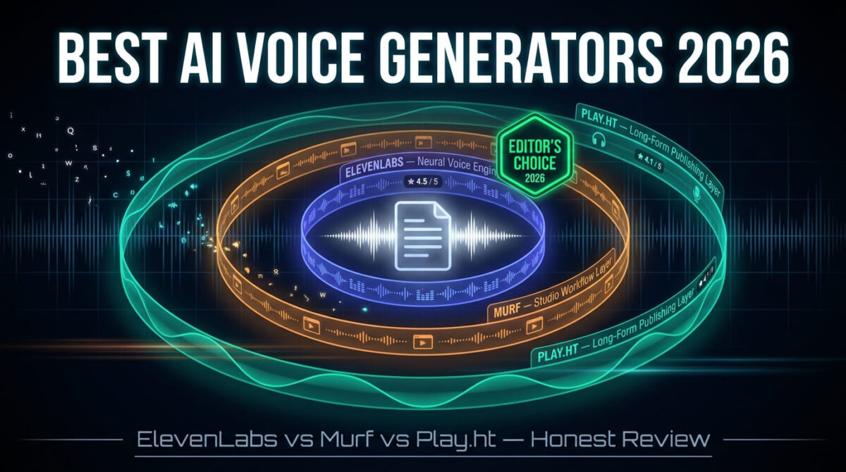 Cinematic featured image showing a glowing script transforming into a voice signal, wrapped in three concentric layers — ElevenLabs' violet neural generation core, Murf's amber studio workflow ring, and Play.ht's teal long-form publishing band — representing the three AI voice generator production layers compared in 2026.
