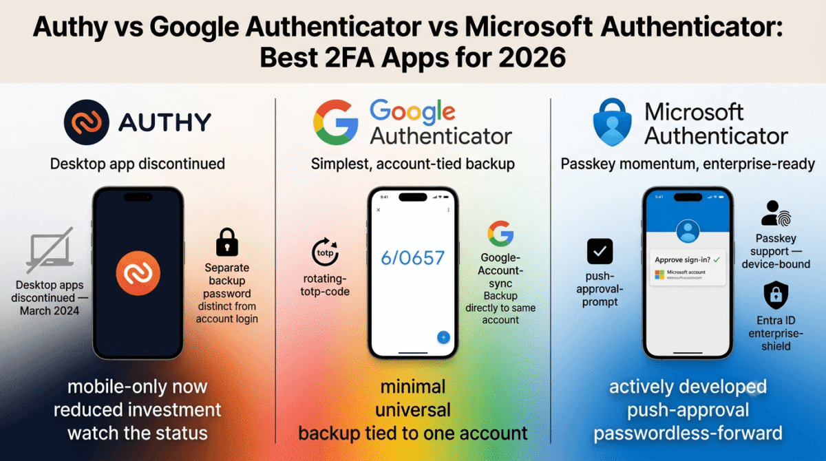 Authy, Google Authenticator, and Microsoft Authenticator compared side by side as two-factor authentication apps, showing Authy's discontinued desktop app with a separate backup password, Google Authenticator's simple rotating code with account-tied backup, and Microsoft Authenticator's push-approval sign-in with device-bound passkey support.