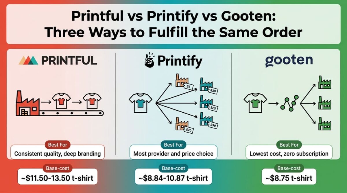 Printful, Printify, and Gooten compared side by side as print-on-demand platforms, showing Printful's owned-facility fulfillment producing identical consistent output, Printify's marketplace routing one design to five competing providers at different prices, and Gooten's algorithmic routing sending a design automatically through a network without manual provider selection.