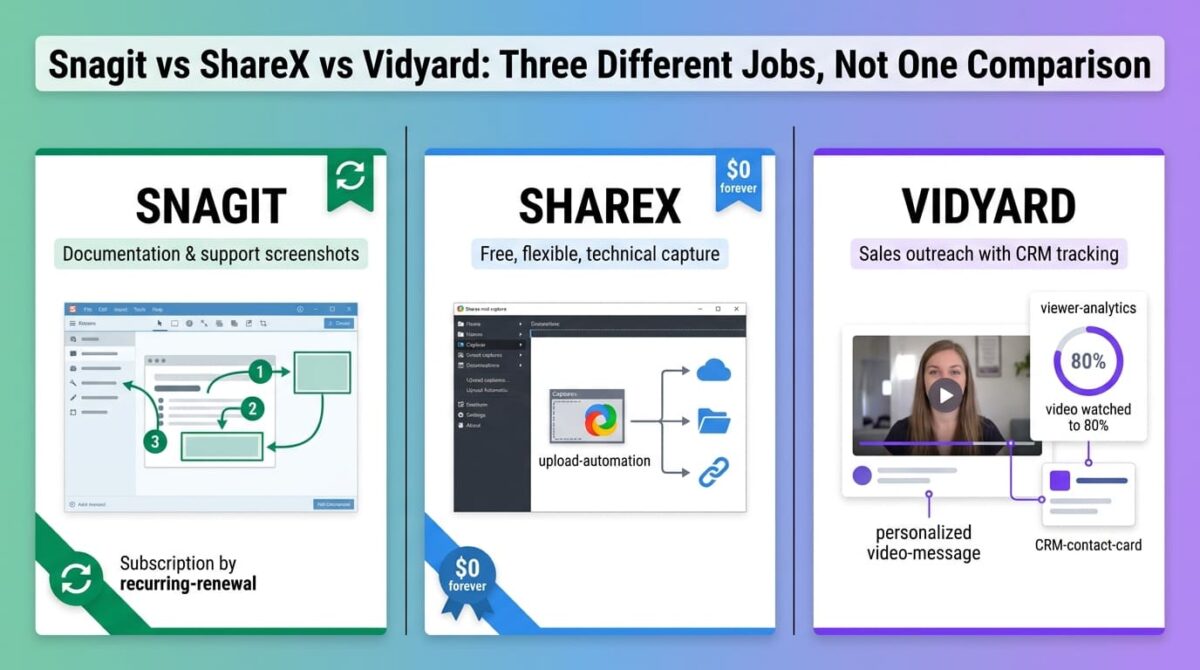 Snagit, ShareX, and Vidyard compared side by side as screen capture tools, showing Snagit's annotated screenshot with numbered callouts for documentation, ShareX's screenshot routed automatically to multiple free upload destinations, and Vidyard's personalized sales video with a viewer-analytics ring linked to a CRM contact card.