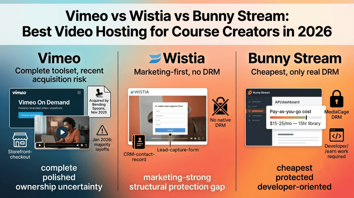 Vimeo, Wistia, and Bunny Stream compared side by side as video hosting platforms for course creators, showing Vimeo's On Demand storefront alongside its November 2025 Bending Spoons acquisition and January 2026 layoffs, Wistia's lead-capture marketing tools with no native DRM, and Bunny Stream's pay-as-you-go pricing with working MediaCage DRM protection.