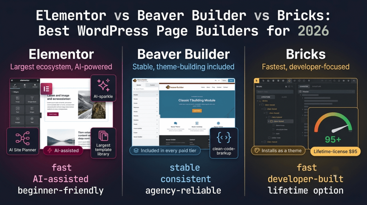 Elementor, Beaver Builder, and Bricks compared side by side as WordPress page builders, showing Elementor's AI-powered drag-and-drop canvas with a Site Planner, Beaver Builder's included theme-building module for headers and footers, and Bricks' class-based structure tree with a 95-plus PageSpeed gauge.