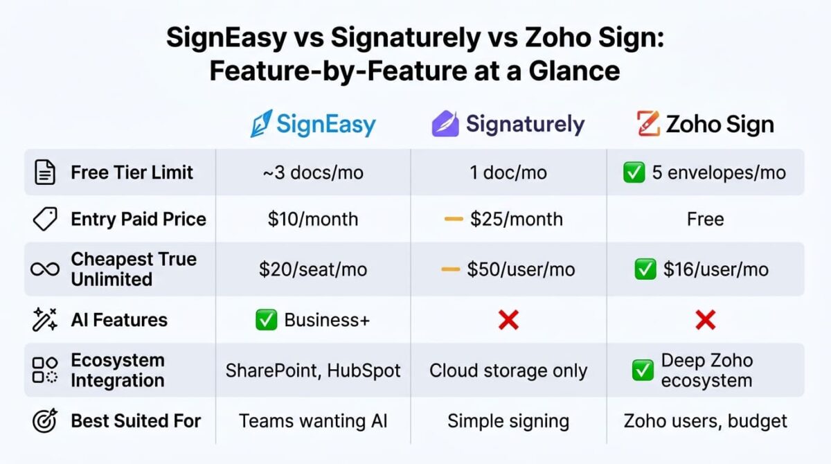 SignEasy vs Signaturely vs Zoho Sign: Feature comparison grid for SignEasy, Signaturely, and Zoho Sign showing free tier limit, entry paid price for a 5-document cap, cheapest true unlimited tier, AI features, ecosystem integration, and best-fit use case, with Zoho Sign cheapest on both free and unlimited tiers and SignEasy the only tool offering AI contract features.