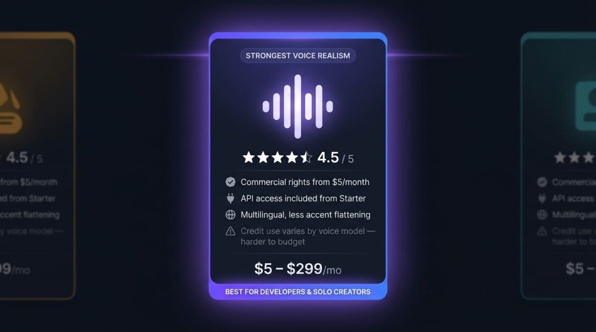 ElevenLabs spec card showing a 4.5 out of 5 rating, commercial rights from 5 dollars a month, API access included from the Starter plan, and a "best for developers and solo creators" badge, with dimmed Murf and Play.ht cards visible at the edges for comparison context.