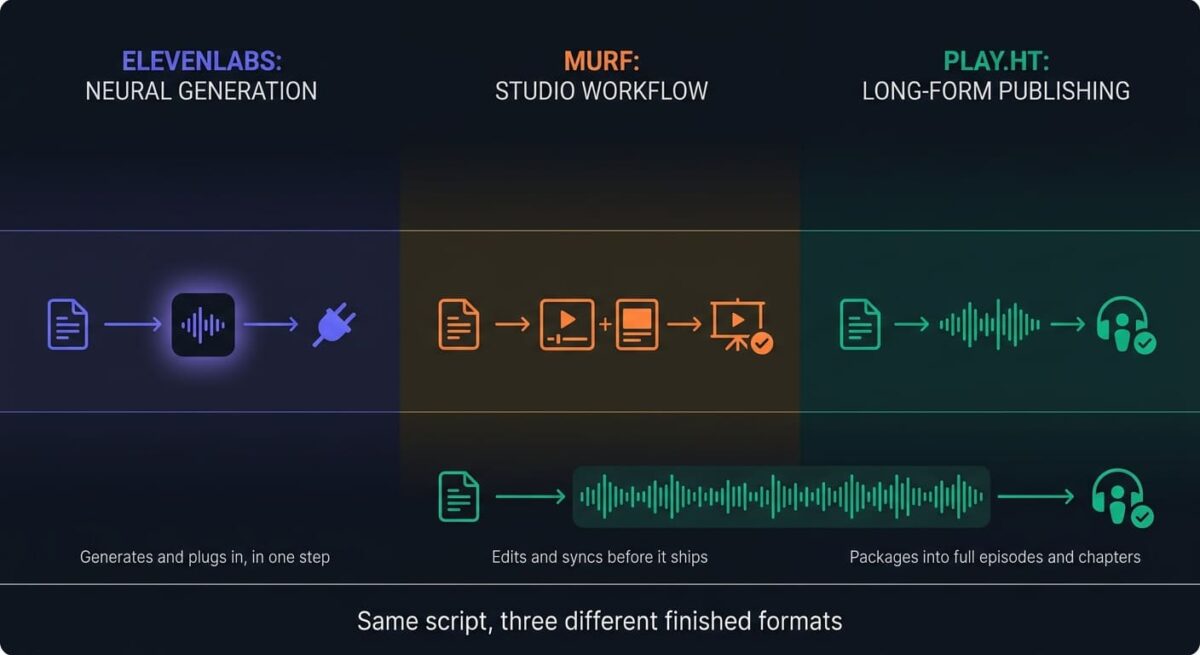 ElevenLabs vs Murf vs Play.ht: Three-panel flow diagram showing how each AI voice generator turns a script into finished audio differently — ElevenLabs generates and plugs directly into an app, Murf edits and syncs the voice against a presentation timeline, and Play.ht packages the voice into full-length podcast or audiobook episodes.