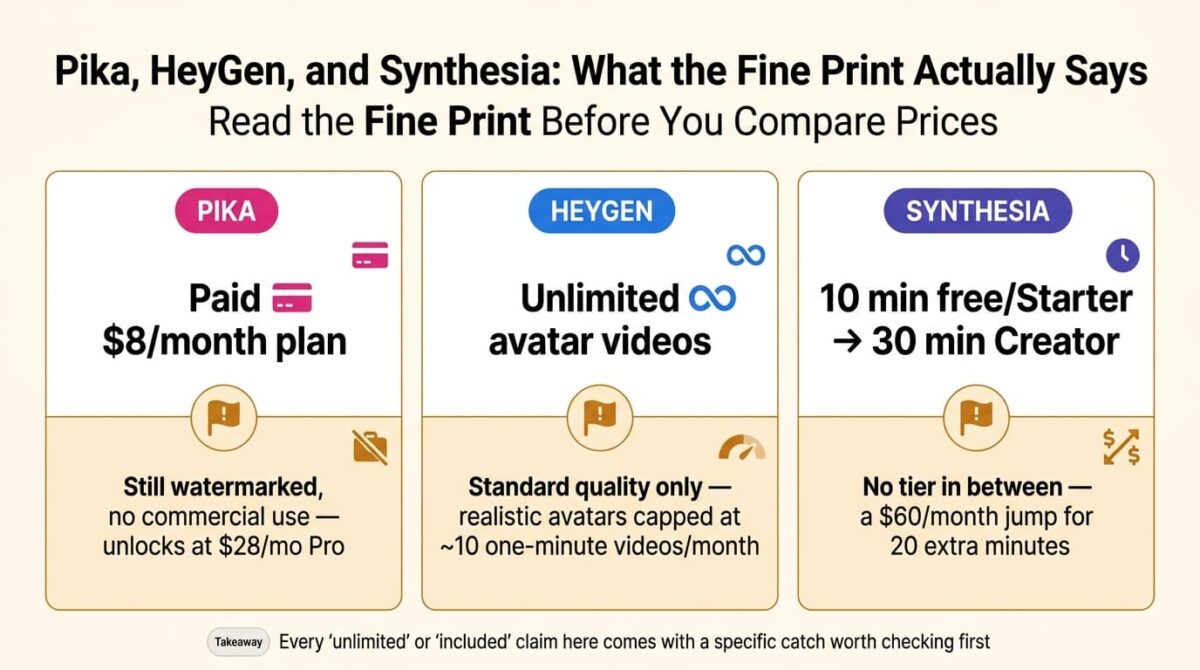 Pika vs HeyGen vs Synthesia: Three-panel fine-print graphic showing Pika's paid 8 dollar plan still watermarked with no commercial use, HeyGen's unlimited avatar video claim applying only to standard quality with realistic avatars capped around 10 one-minute videos monthly, and Synthesia's jump from a 10-minute Starter plan to a 30-minute Creator plan with no tier in between.