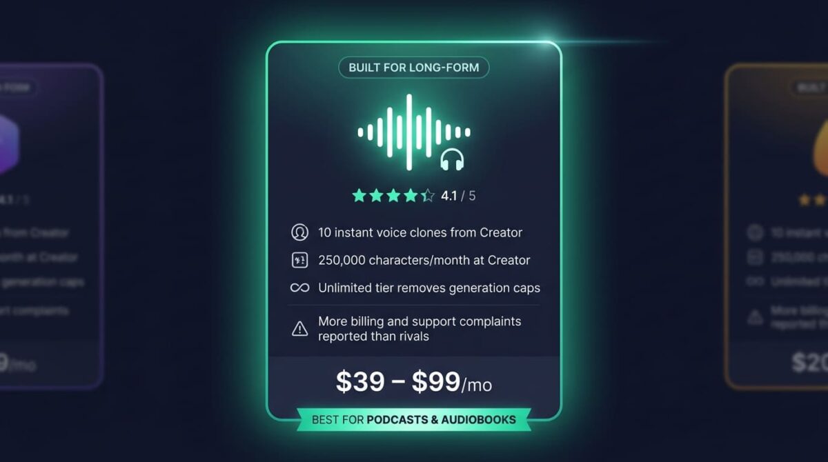 Play.ht spec card showing a 4.1 out of 5 rating, 10 instant voice clones included from the Creator plan, a 250,000 character monthly allowance, and a "best for podcasts and audiobooks" badge, with dimmed ElevenLabs and Murf cards visible at the edges for comparison context.