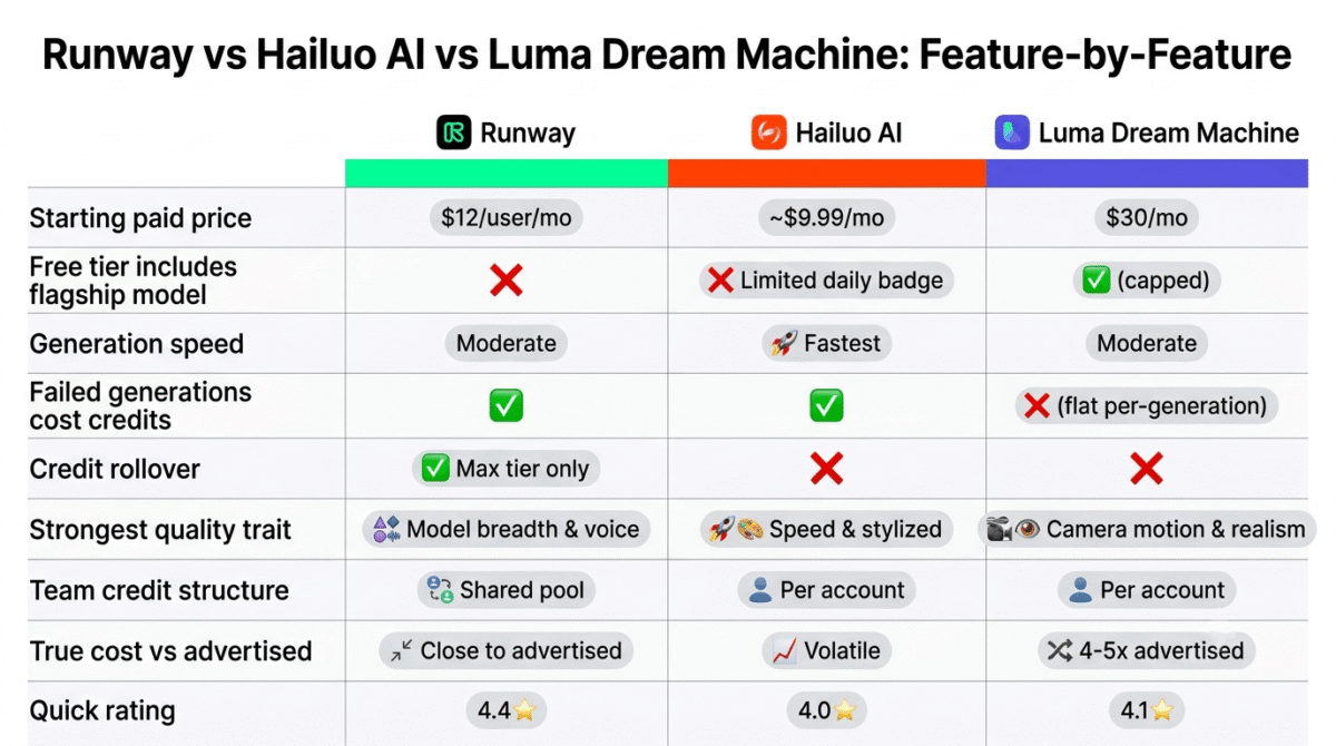 Feature comparison grid for Runway, Hailuo AI, and Luma Dream Machine showing starting paid price, free tier flagship model access, generation speed, whether failed generations cost credits, credit rollover, strongest quality trait, team credit structure, and true cost versus advertised price across all three AI video generators.