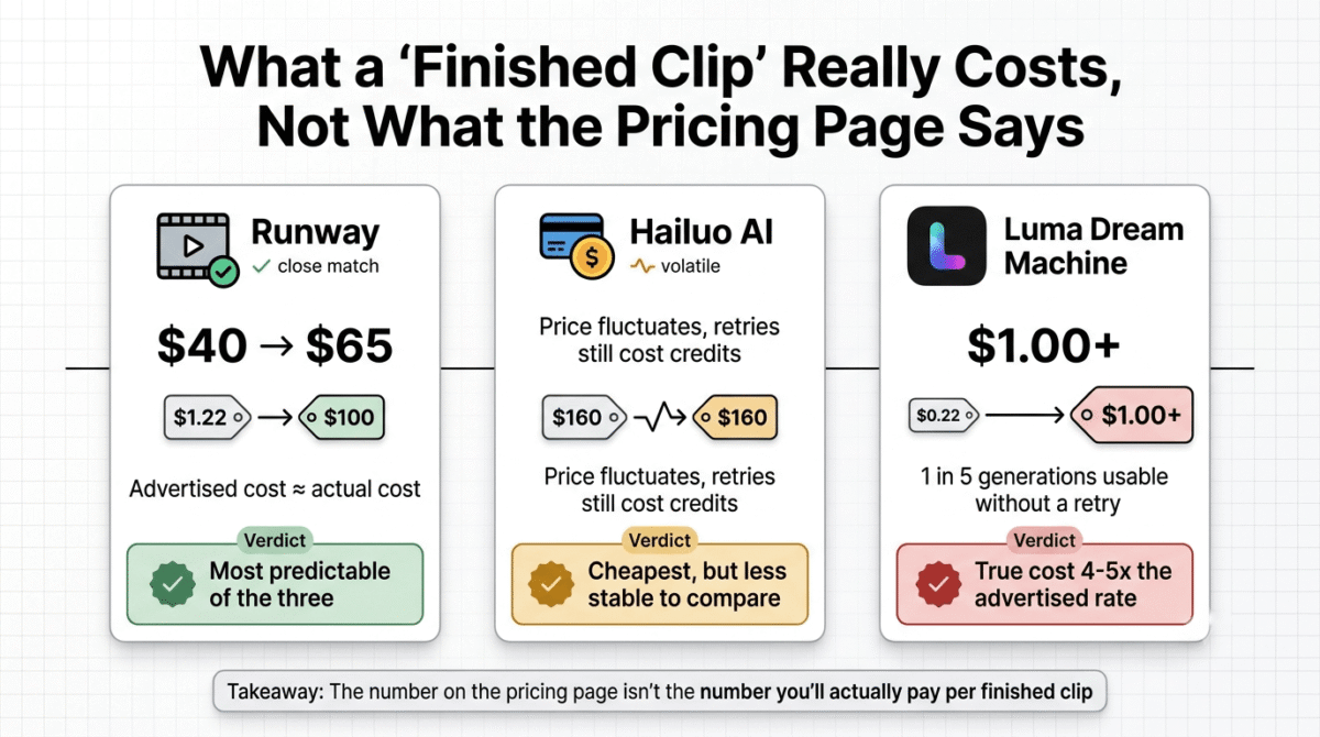 Runway vs Hailuo AI vs Luma Dream Machine, Comparison of advertised price versus true cost per usable clip across three AI video generators: Runway's advertised cost closely matching actual cost, Hailuo AI's volatile promotional pricing with credits still charged on failed generations, and Luma Dream Machine's advertised $0.22 to $0.25 per generation actually costing $1.00 to $1.25 once retry rates are factored in.