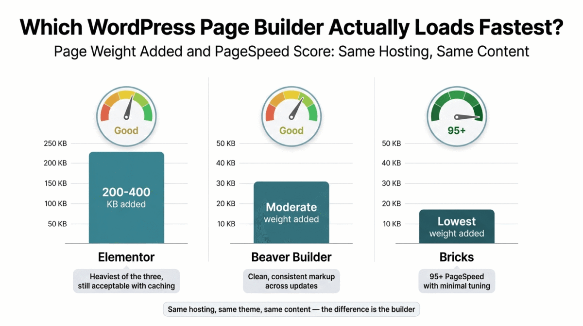 Elementor vs Beaver Builder vs Bricks, Page weight and PageSpeed comparison showing Elementor adding 200 to 400 kilobytes with a Good PageSpeed score, Beaver Builder adding a moderate page weight with a slightly better Good score, and Bricks adding the least weight of the three with a PageSpeed score of 95 or higher.