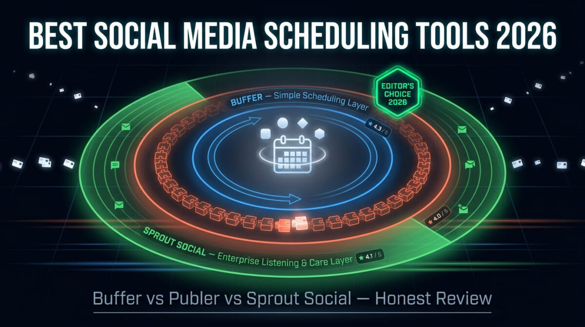 Cinematic featured image showing a glowing content calendar protected by three concentric management layers — Buffer's blue simple-scheduling ring, Publer's orange modular-account ring, and Sprout Social's green enterprise-listening ring — representing the three social media scheduling tool categories compared in 2026.