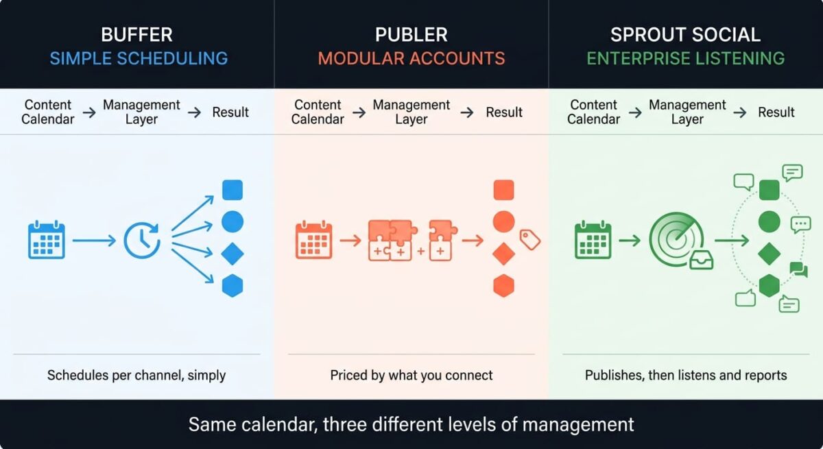 Buffer vs Publer vs Sprout Social: Three-panel flow diagram showing how each social media tool manages the same content calendar differently — Buffer schedules simply across channels, Publer builds a modular per-account and per-teammate stack, and Sprout Social adds listening and reporting around every published post.