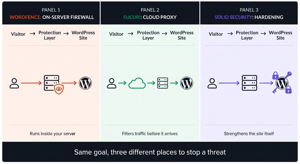 Three-panel flow diagram showing how each WordPress security plugin protects differently — Wordfence filters traffic at the server itself, Sucuri filters traffic in the cloud before it reaches the server, and Solid Security hardens the WordPress site directly with no traffic filtering — illustrating three distinct protection architectures.